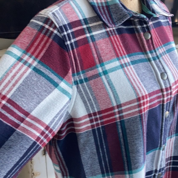 Orvis long sleeve snap closure fleece lined navy red white green shacket flannel - Picture 4 of 15